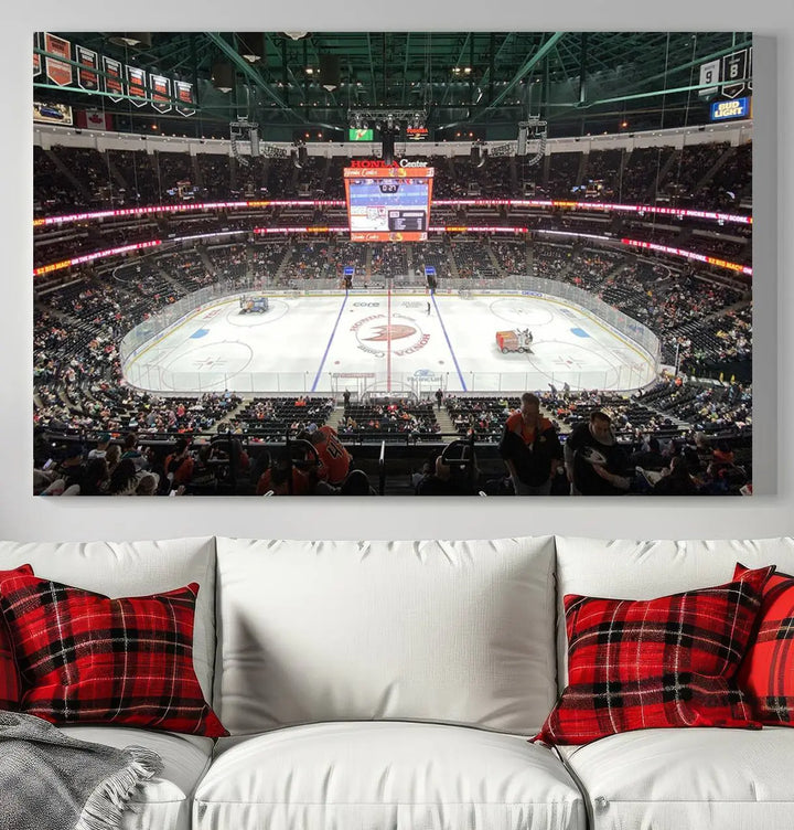 The *Anaheim Ducks Ice Hockey Stadium Wall Art Canvas Print* captures a scene as vibrant and dynamic as the action on the ice.