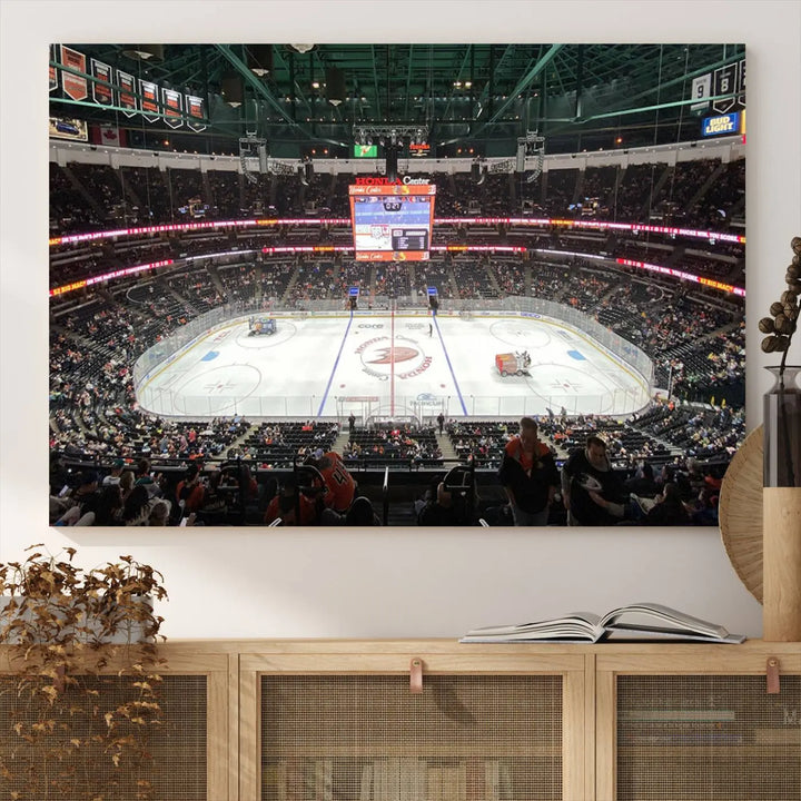 The *Anaheim Ducks Ice Hockey Stadium Wall Art Canvas Print* captures a scene as vibrant and dynamic as the action on the ice.