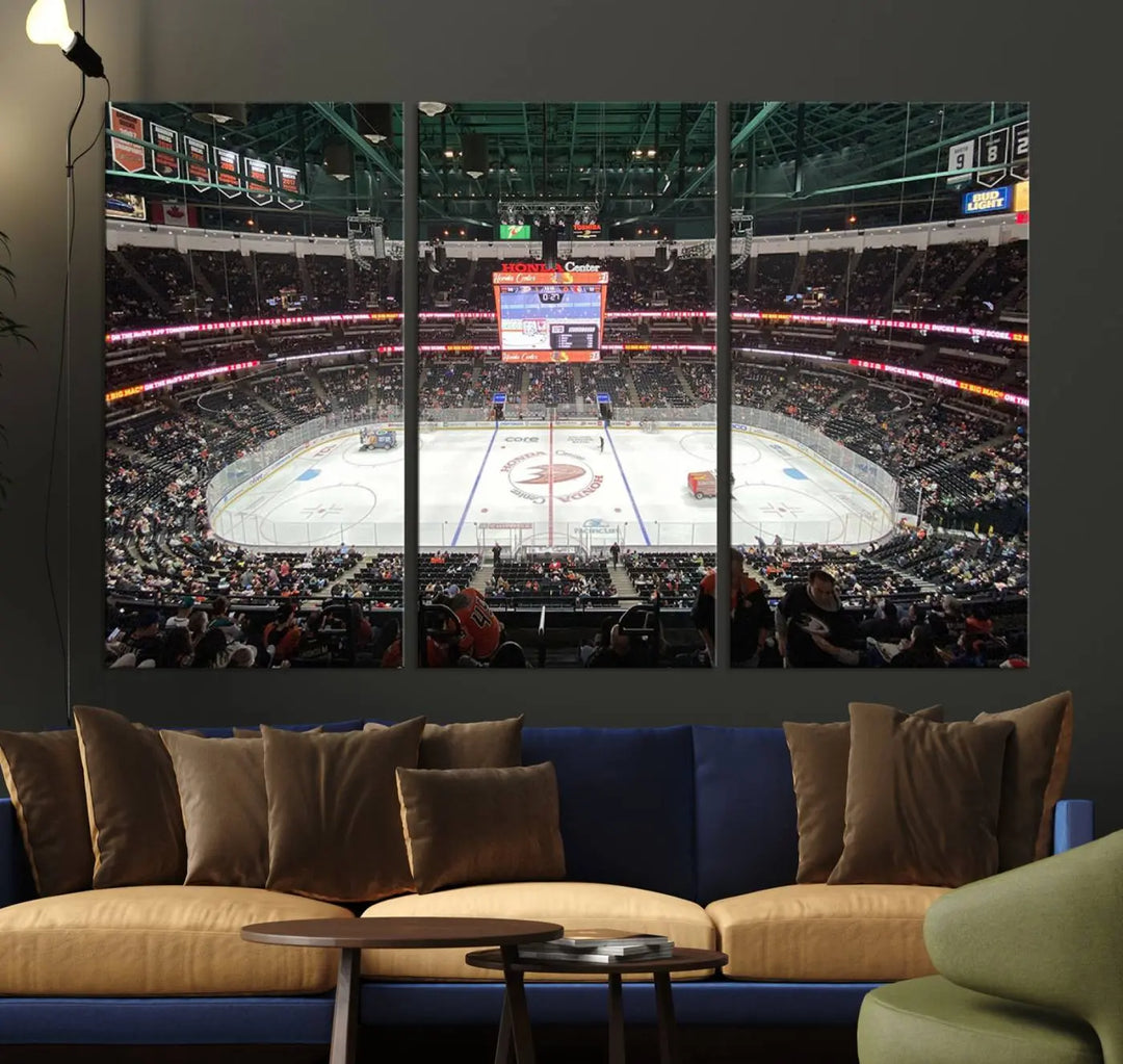 The *Anaheim Ducks Ice Hockey Stadium Wall Art Canvas Print* captures a scene as vibrant and dynamic as the action on the ice.