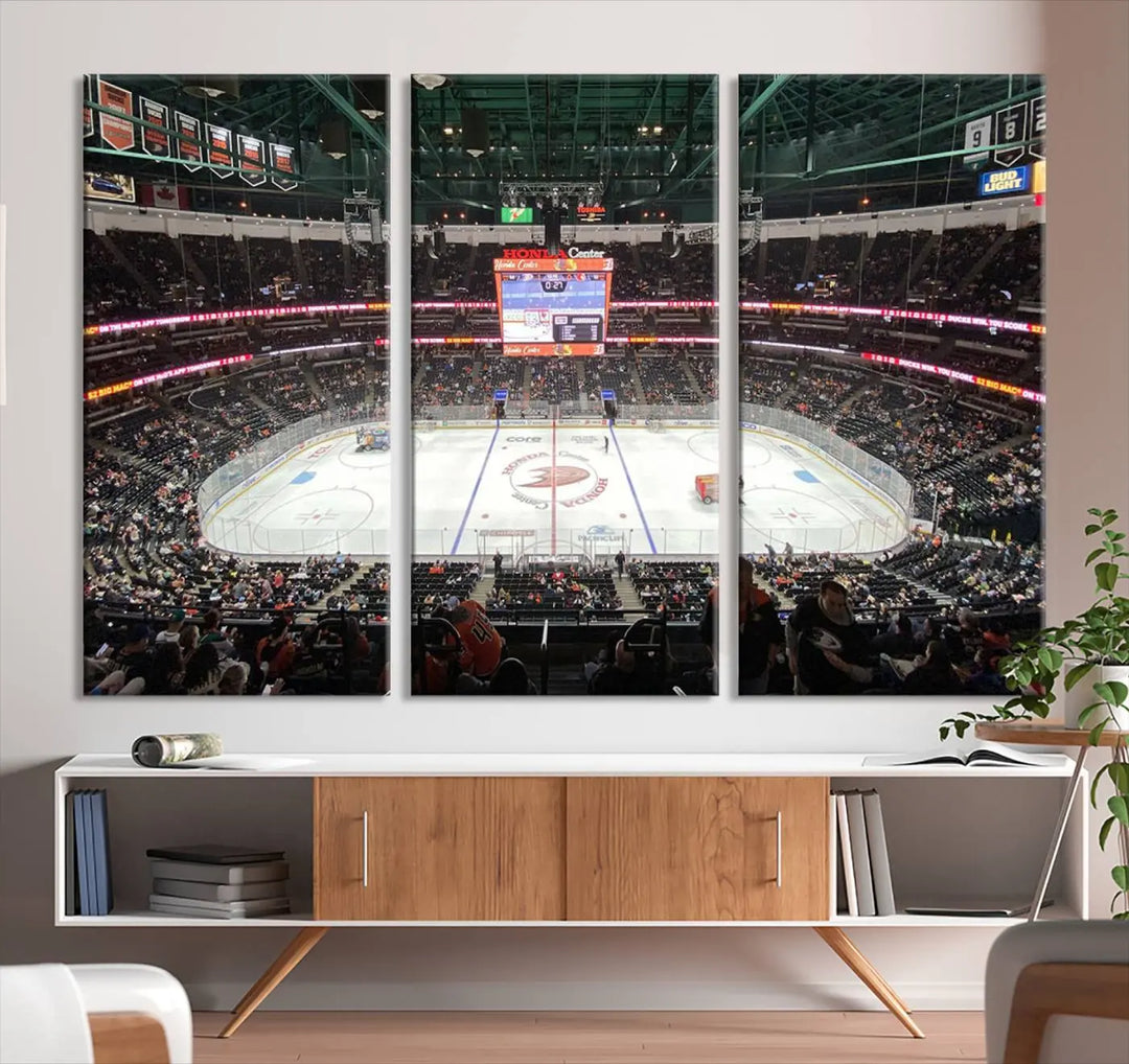 The *Anaheim Ducks Ice Hockey Stadium Wall Art Canvas Print* captures a scene as vibrant and dynamic as the action on the ice.