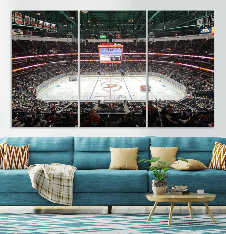 The *Anaheim Ducks Ice Hockey Stadium Wall Art Canvas Print* captures a scene as vibrant and dynamic as the action on the ice.