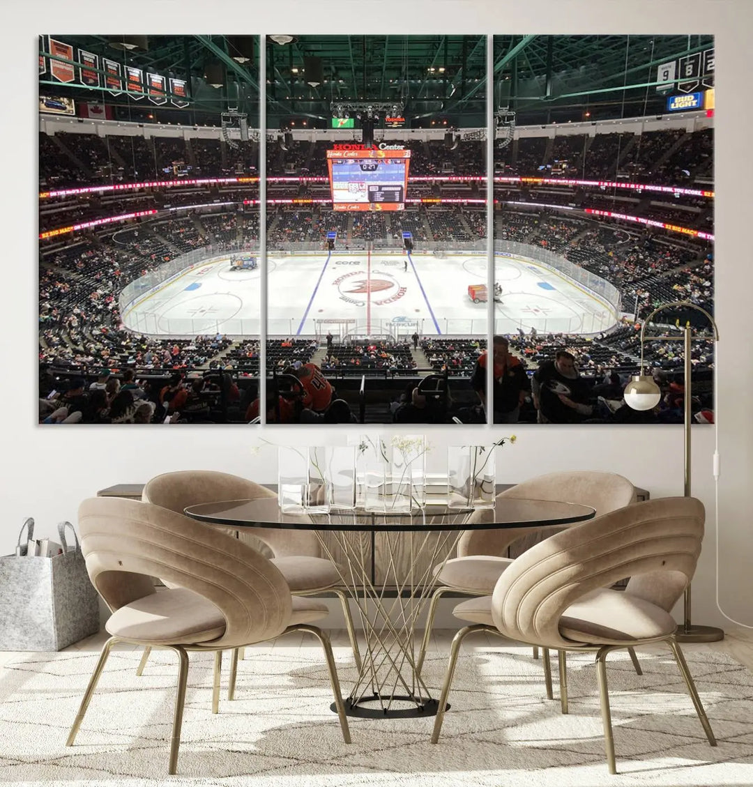 The *Anaheim Ducks Ice Hockey Stadium Wall Art Canvas Print* captures a scene as vibrant and dynamic as the action on the ice.