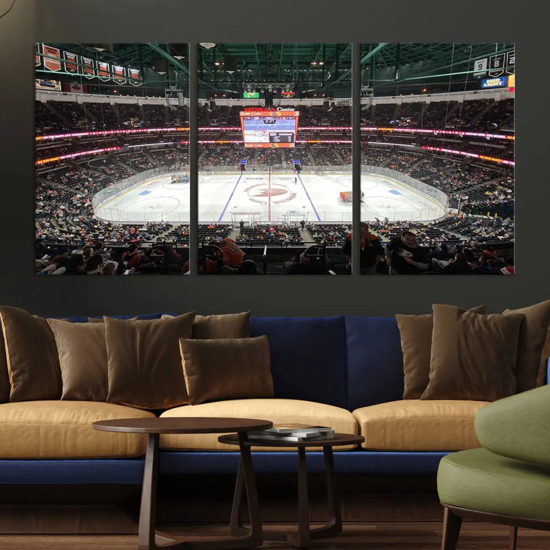 The *Anaheim Ducks Ice Hockey Stadium Wall Art Canvas Print* captures a scene as vibrant and dynamic as the action on the ice.