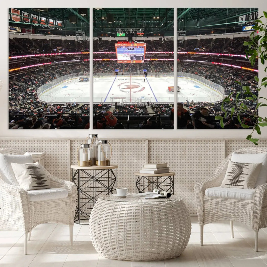 The *Anaheim Ducks Ice Hockey Stadium Wall Art Canvas Print* captures a scene as vibrant and dynamic as the action on the ice.