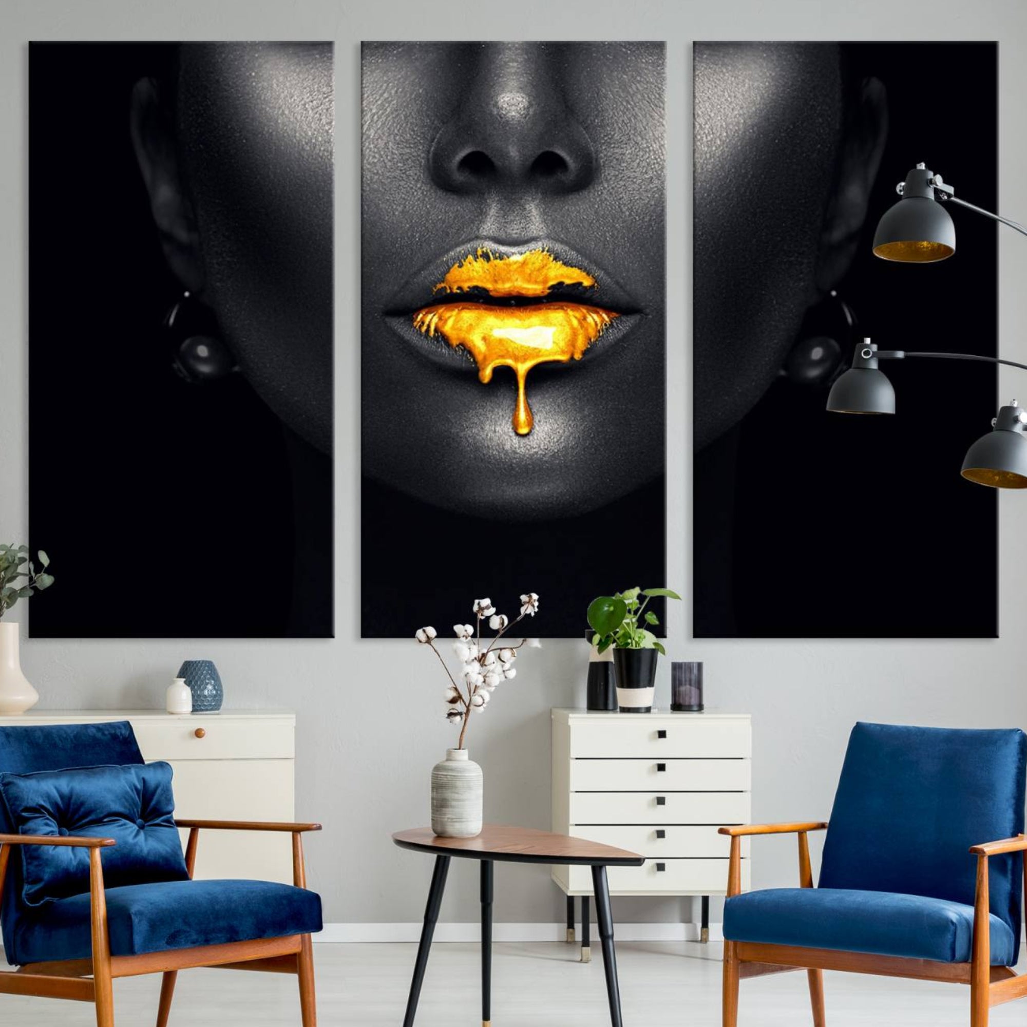 66374-MGV-CV-36X24-Honey Gold Lips and Black Woman Photograph Canvas, Black Woman with Gold Lips Canvas Print