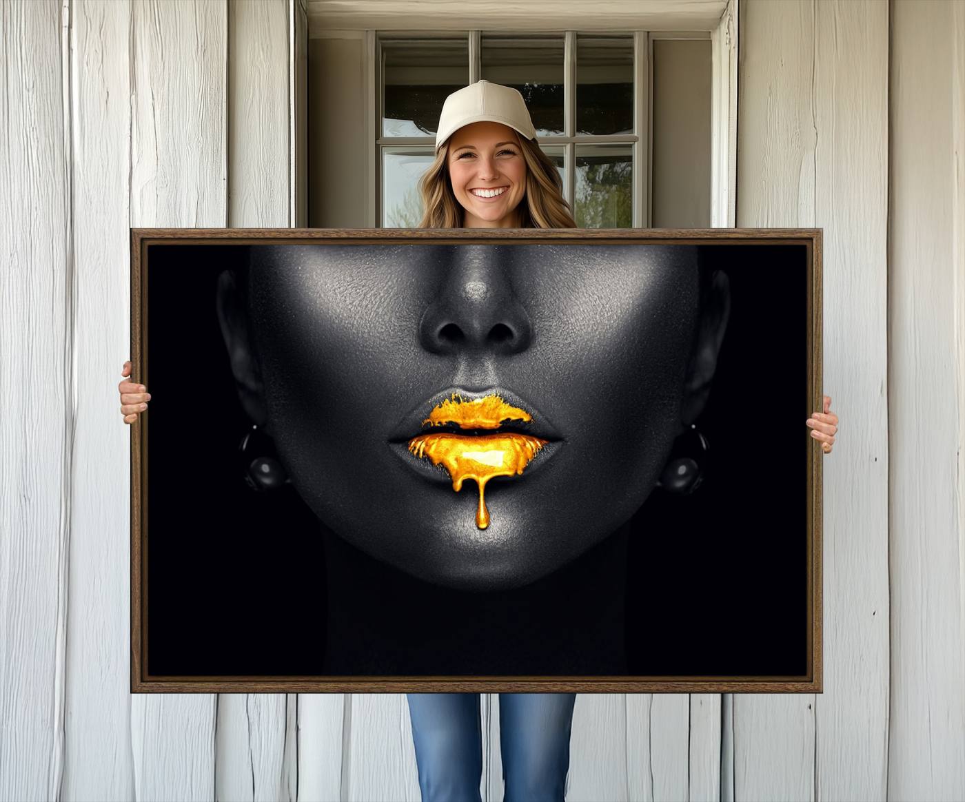 66374-MGV-CV-36X24-Honey Gold Lips and Black Woman Photograph Canvas, Black Woman with Gold Lips Canvas Print