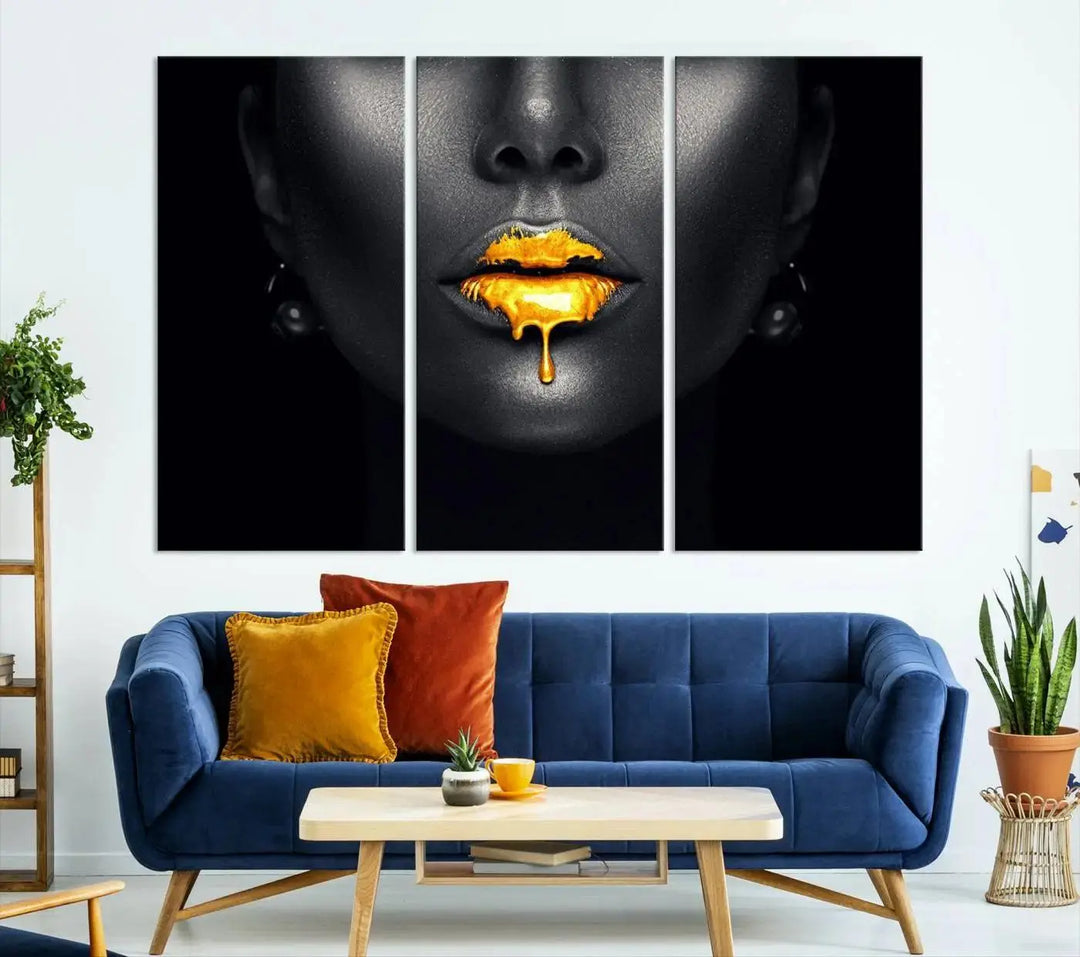 The modern living room showcases a Honey Gold Lips and Black Woman Photograph canvas print on the wall.