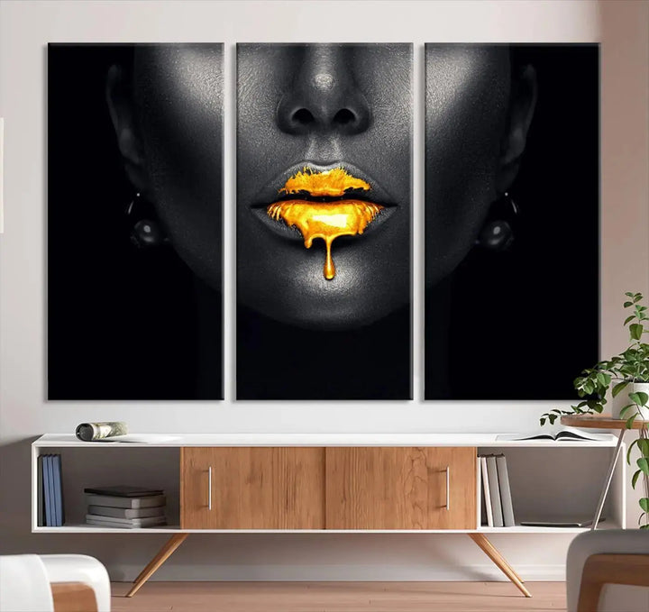 The modern living room showcases a Honey Gold Lips and Black Woman Photograph canvas print on the wall.