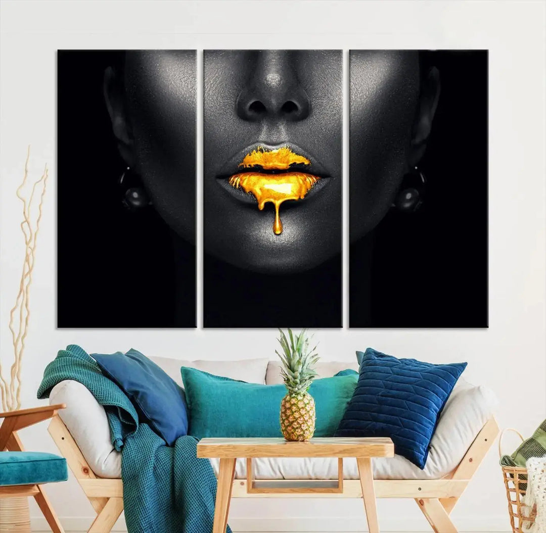 The modern living room showcases a Honey Gold Lips and Black Woman Photograph canvas print on the wall.