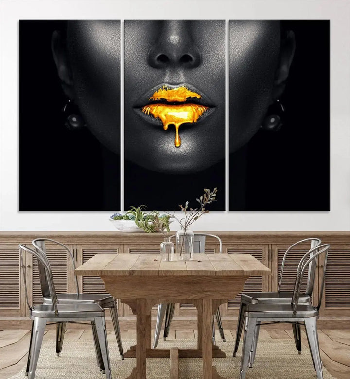 The modern living room showcases a Honey Gold Lips and Black Woman Photograph canvas print on the wall.