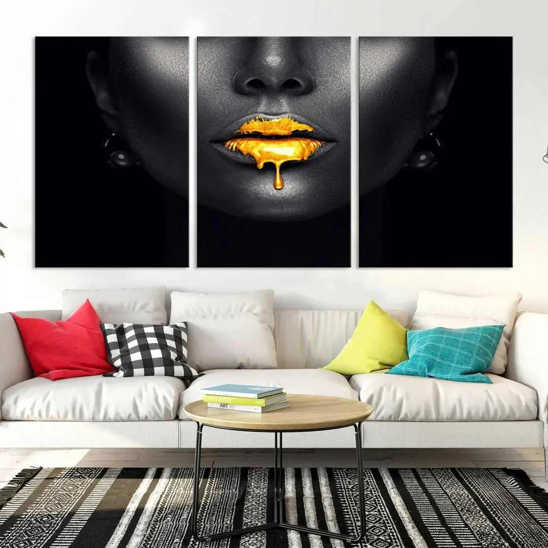 The modern living room showcases a Honey Gold Lips and Black Woman Photograph canvas print on the wall.