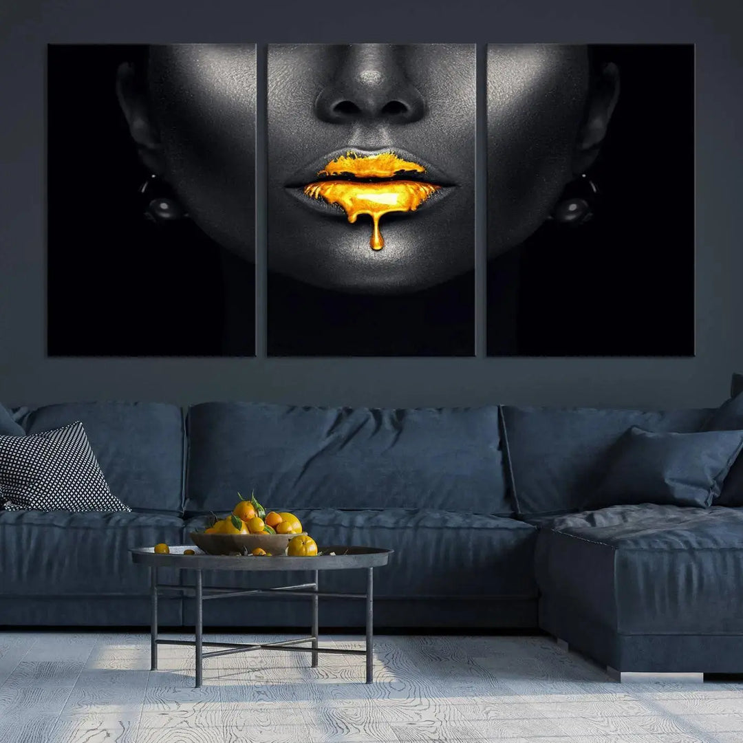 The modern living room showcases a Honey Gold Lips and Black Woman Photograph canvas print on the wall.