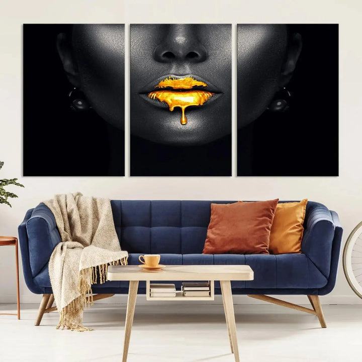 The modern living room showcases a Honey Gold Lips and Black Woman Photograph canvas print on the wall.