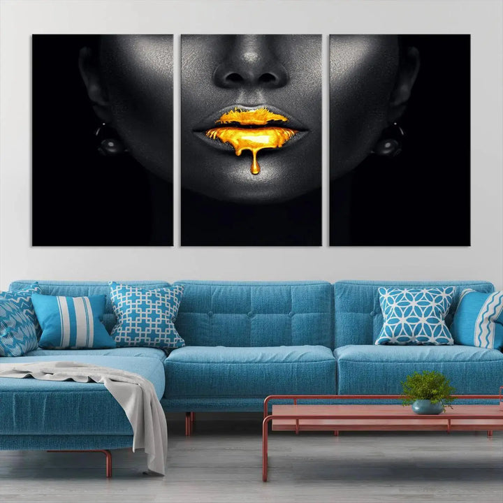 The modern living room showcases a Honey Gold Lips and Black Woman Photograph canvas print on the wall.