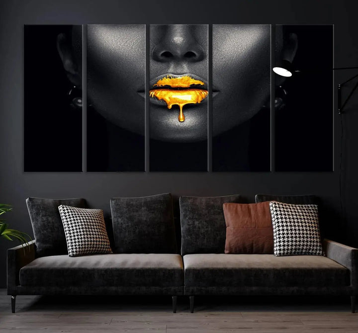 The modern living room showcases a Honey Gold Lips and Black Woman Photograph canvas print on the wall.