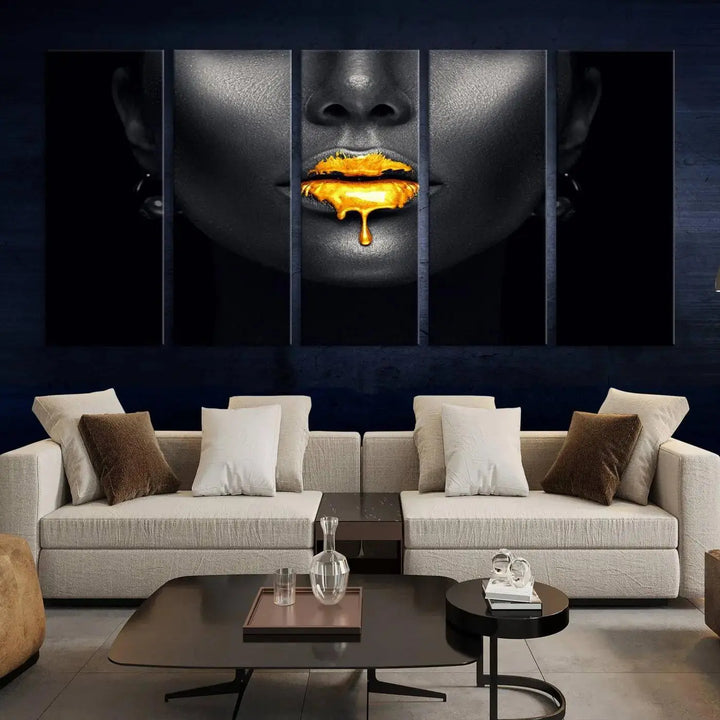 The modern living room showcases a Honey Gold Lips and Black Woman Photograph canvas print on the wall.