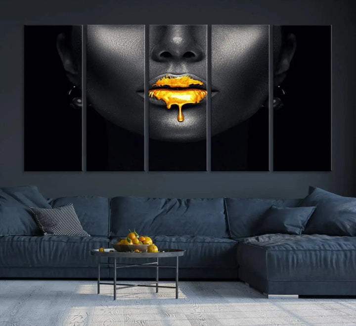 The modern living room showcases a Honey Gold Lips and Black Woman Photograph canvas print on the wall.