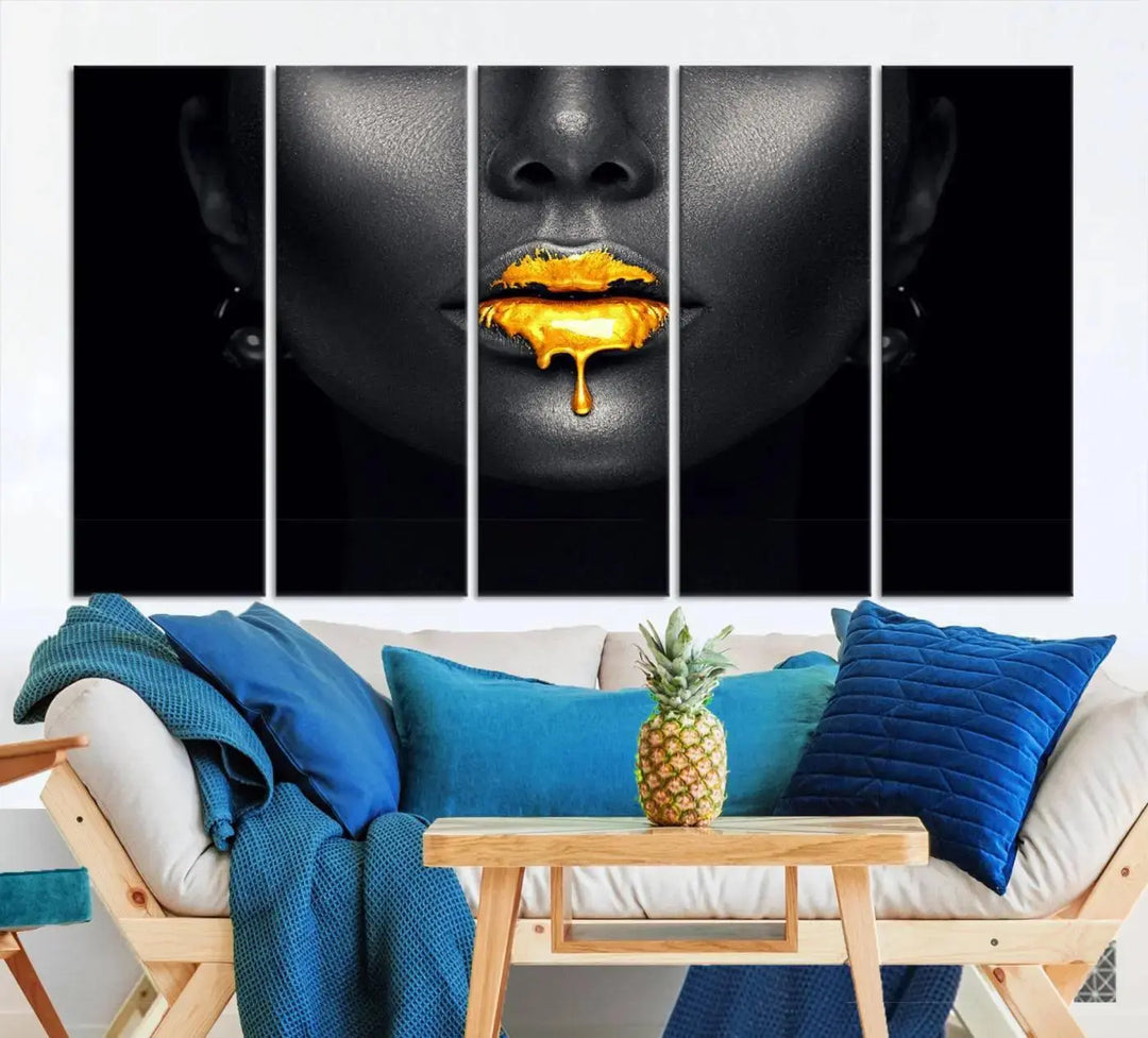 The modern living room showcases a Honey Gold Lips and Black Woman Photograph canvas print on the wall.