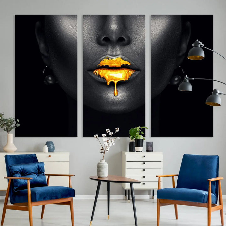 The modern living room showcases a Honey Gold Lips and Black Woman Photograph canvas print on the wall.