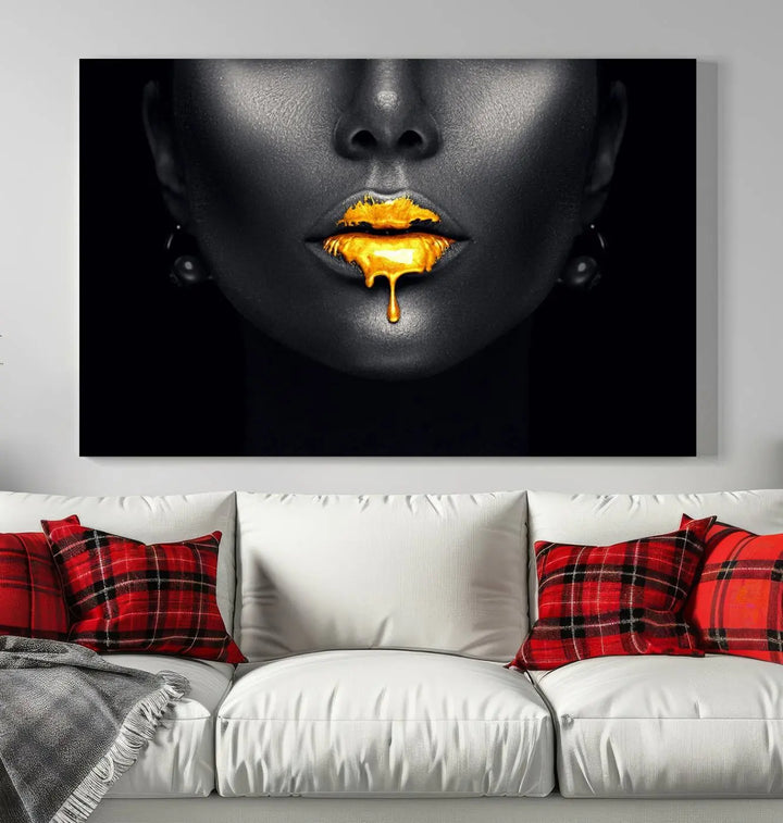 The modern living room showcases a Honey Gold Lips and Black Woman Photograph canvas print on the wall.