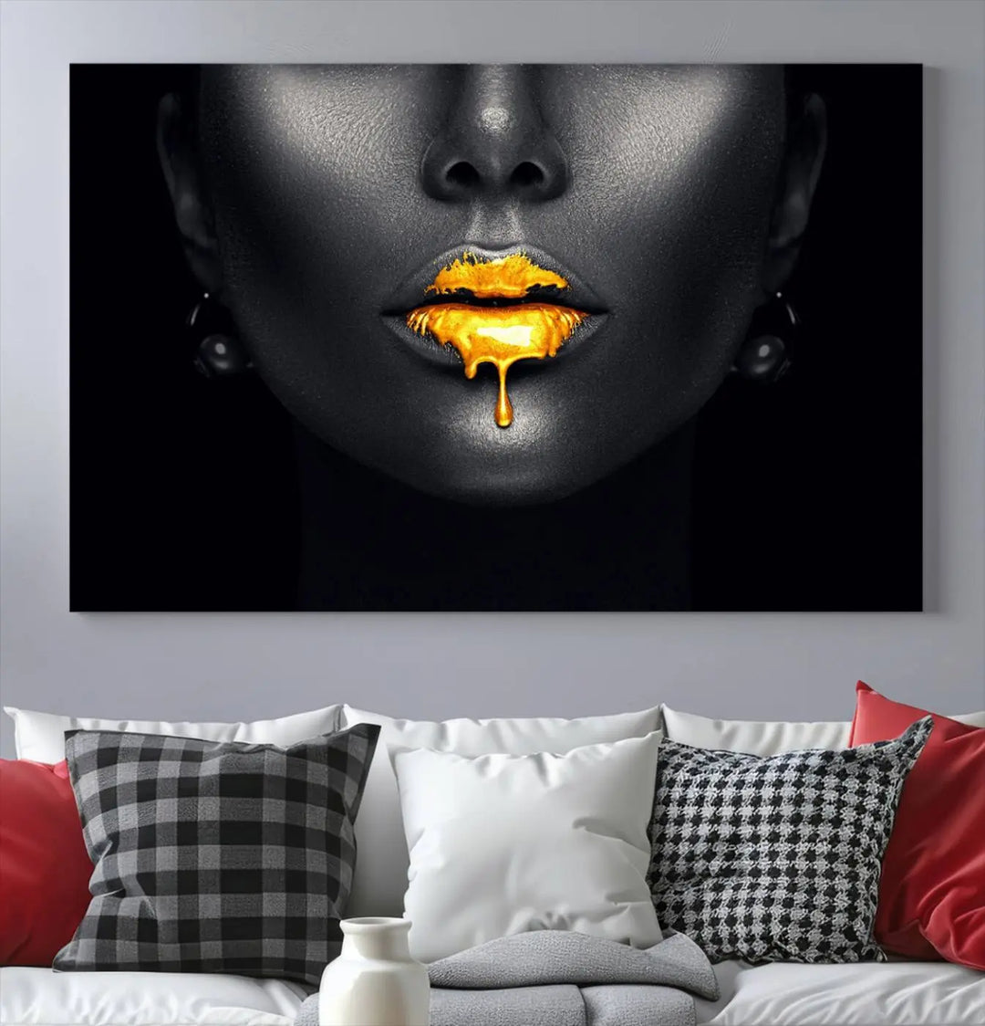 The modern living room showcases a Honey Gold Lips and Black Woman Photograph canvas print on the wall.