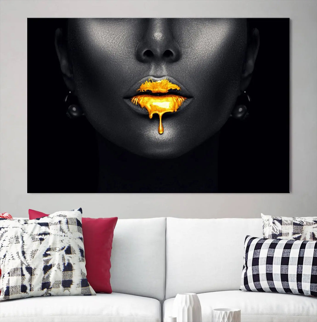 The modern living room showcases a Honey Gold Lips and Black Woman Photograph canvas print on the wall.