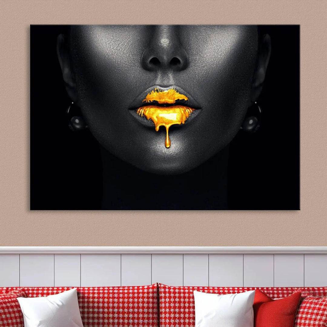 The modern living room showcases a Honey Gold Lips and Black Woman Photograph canvas print on the wall.