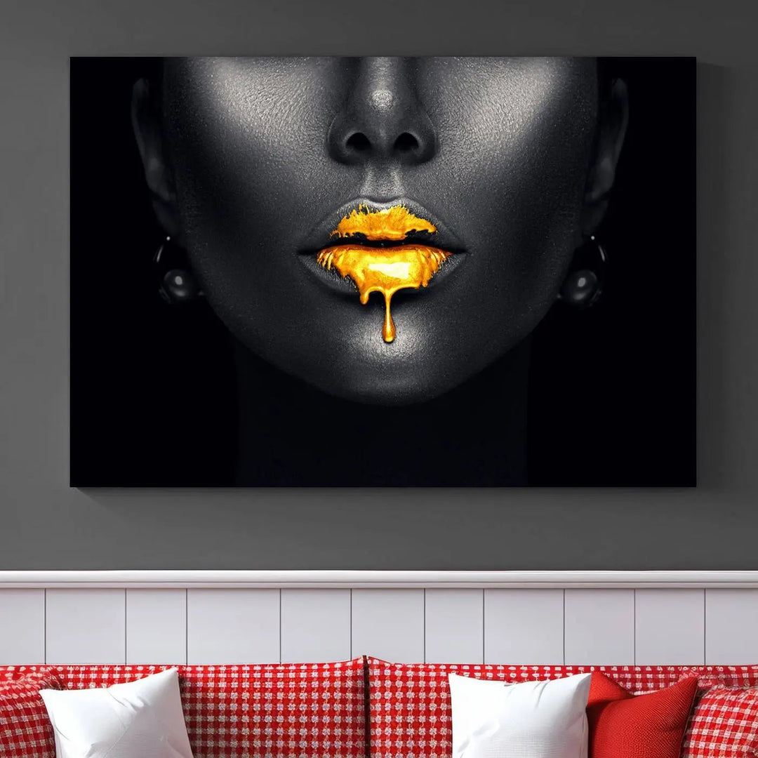 The modern living room showcases a Honey Gold Lips and Black Woman Photograph canvas print on the wall.