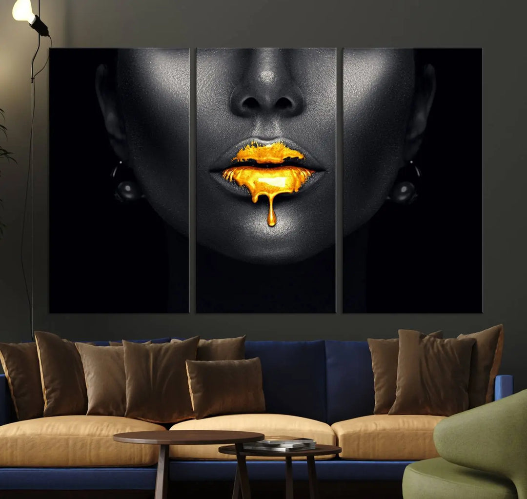 The modern living room showcases a Honey Gold Lips and Black Woman Photograph canvas print on the wall.