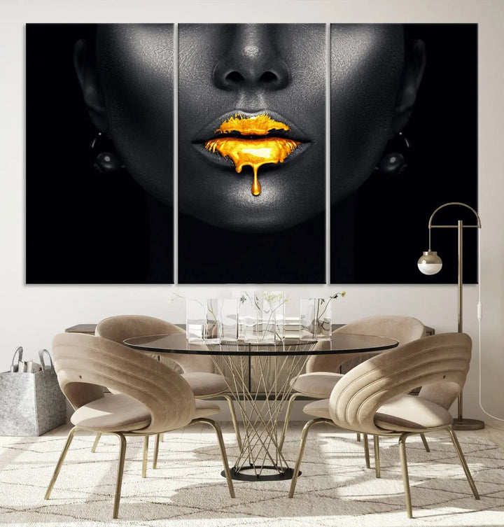 The modern living room showcases a Honey Gold Lips and Black Woman Photograph canvas print on the wall.