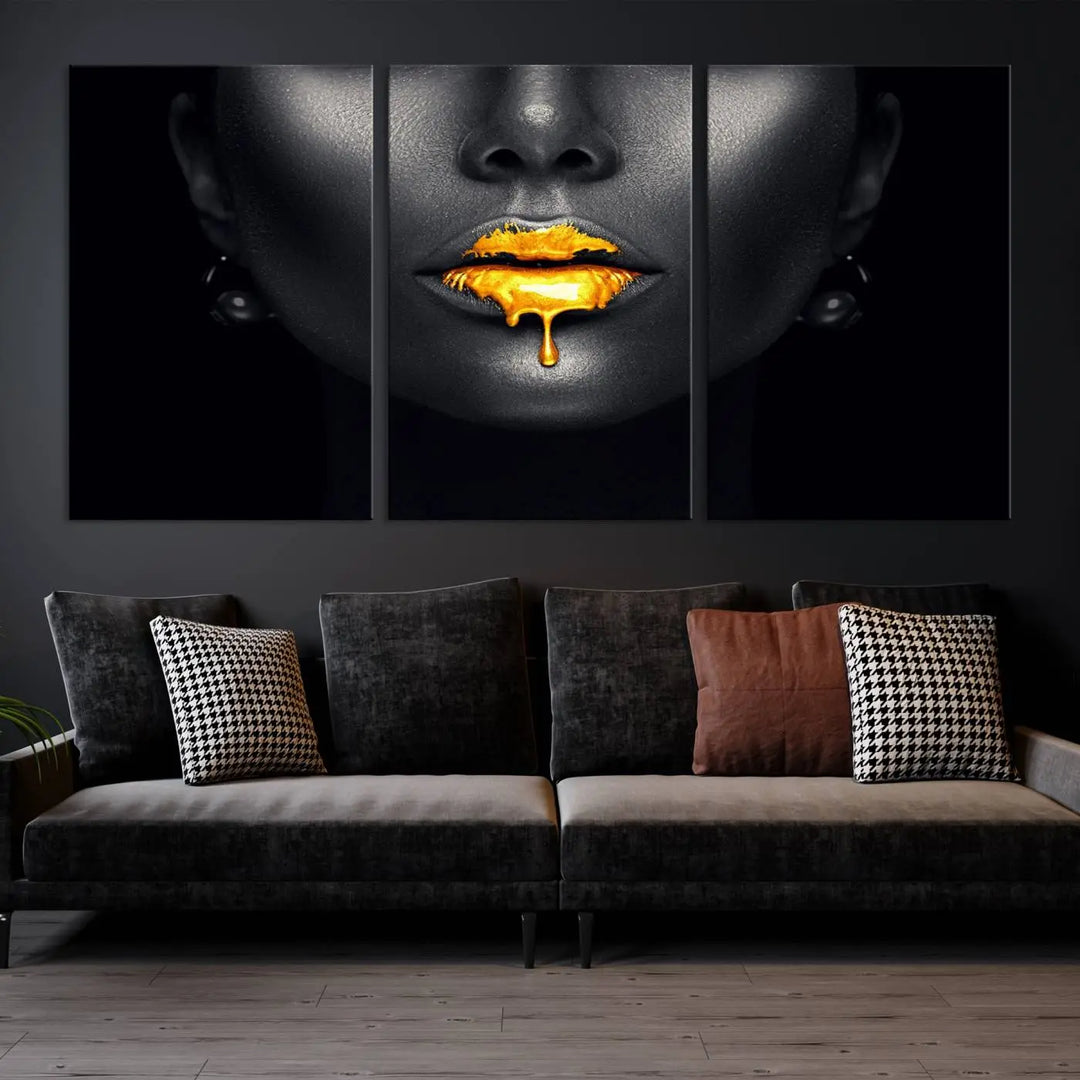 The modern living room showcases a Honey Gold Lips and Black Woman Photograph canvas print on the wall.