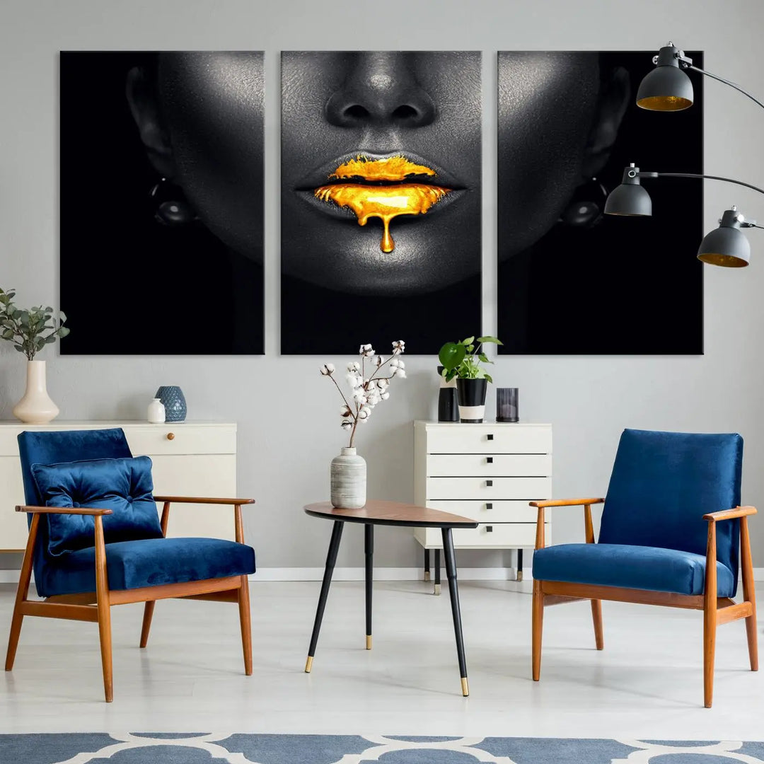 The modern living room showcases a Honey Gold Lips and Black Woman Photograph canvas print on the wall.