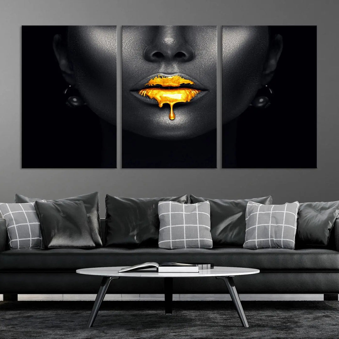 The modern living room showcases a Honey Gold Lips and Black Woman Photograph canvas print on the wall.