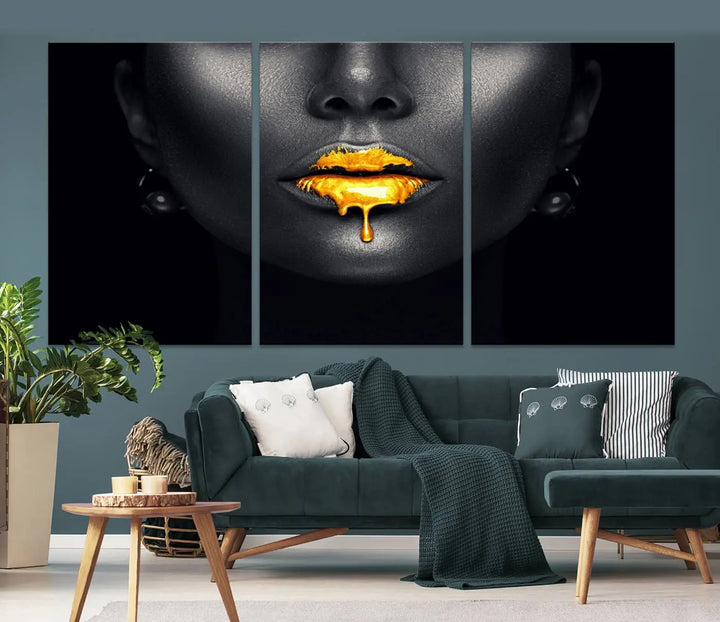 The modern living room showcases a Honey Gold Lips and Black Woman Photograph canvas print on the wall.