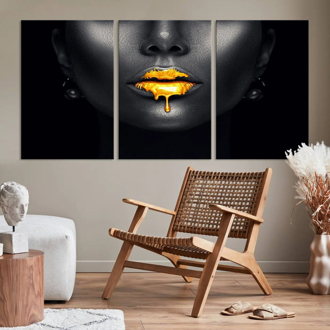 The modern living room showcases a Honey Gold Lips and Black Woman Photograph canvas print on the wall.