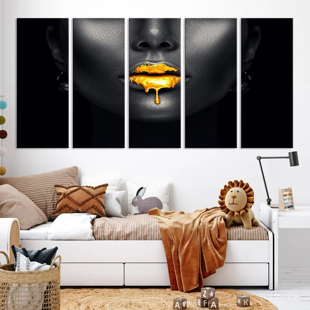 The modern living room showcases a Honey Gold Lips and Black Woman Photograph canvas print on the wall.