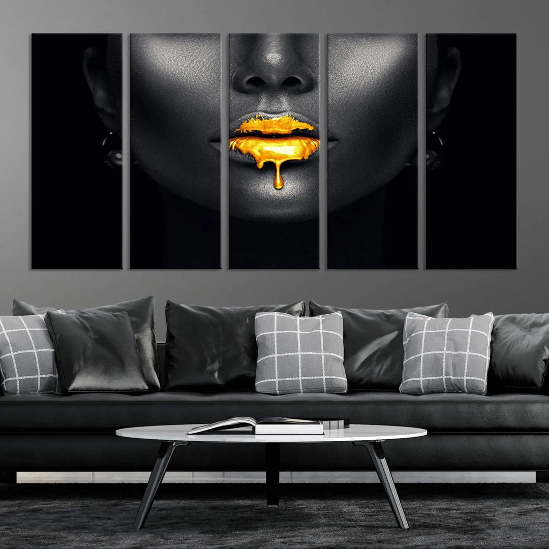 The modern living room showcases a Honey Gold Lips and Black Woman Photograph canvas print on the wall.