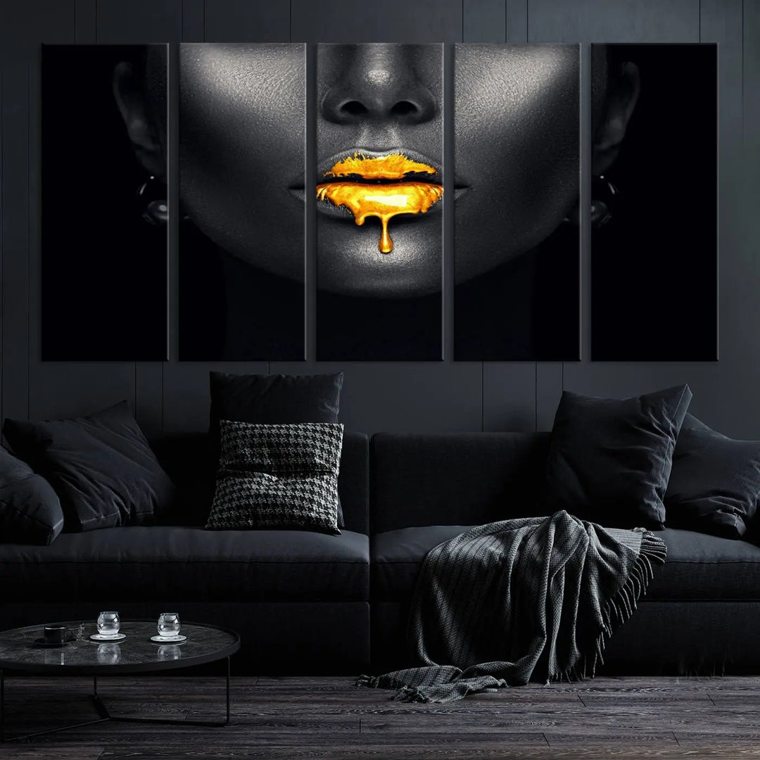 The modern living room showcases a Honey Gold Lips and Black Woman Photograph canvas print on the wall.