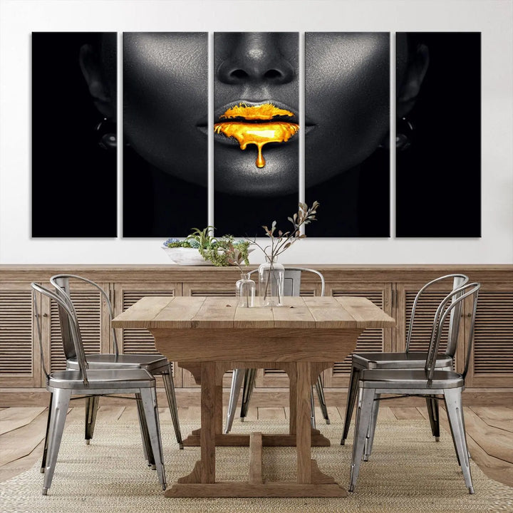 The modern living room showcases a Honey Gold Lips and Black Woman Photograph canvas print on the wall.