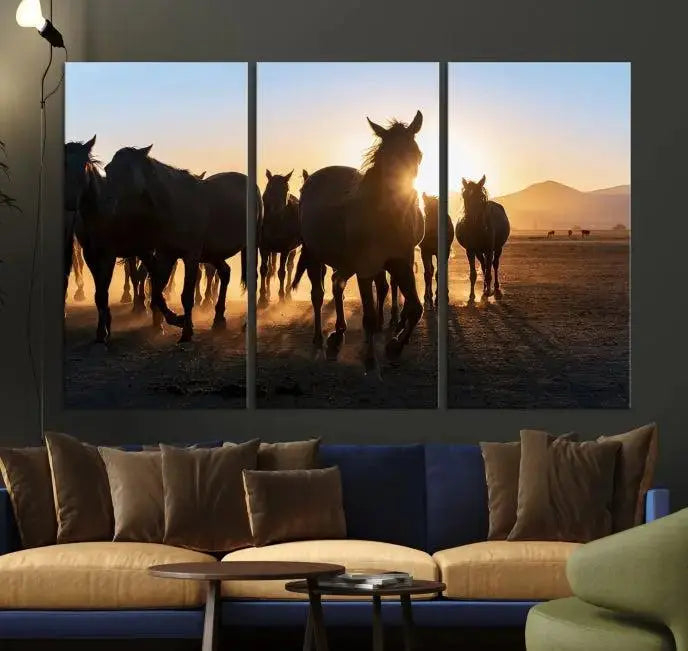 The Horse Herd Wall Art Animal Canvas Print features a triptych of galloping horses at sunset, hand-assembled on museum-quality canvas. This captivating masterpiece beautifully adorns the living room wall. Enjoy free shipping to easily welcome it into your home.