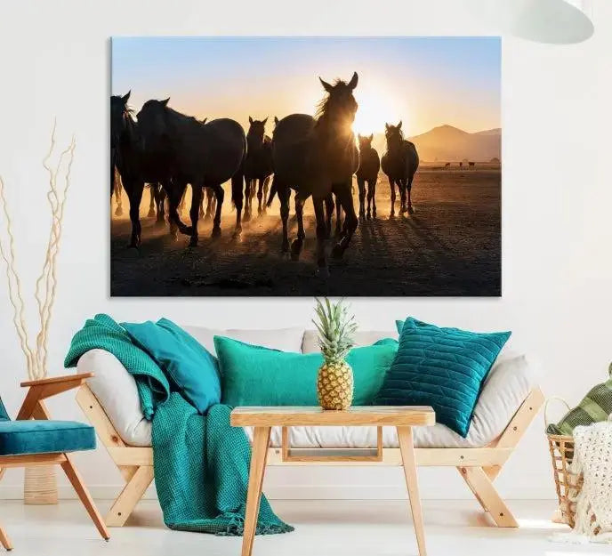 The Horse Herd Wall Art Animal Canvas Print features a triptych of galloping horses at sunset, hand-assembled on museum-quality canvas. This captivating masterpiece beautifully adorns the living room wall. Enjoy free shipping to easily welcome it into your home.