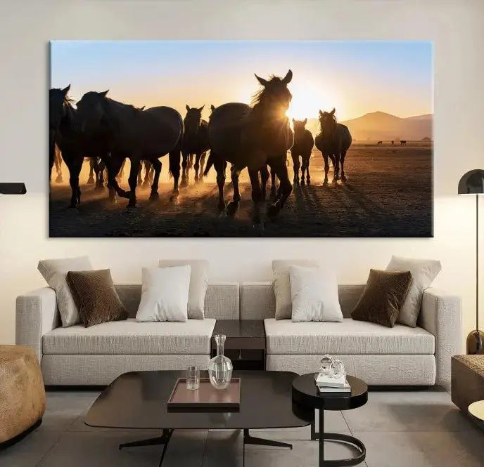 The Horse Herd Wall Art Animal Canvas Print features a triptych of galloping horses at sunset, hand-assembled on museum-quality canvas. This captivating masterpiece beautifully adorns the living room wall. Enjoy free shipping to easily welcome it into your home.