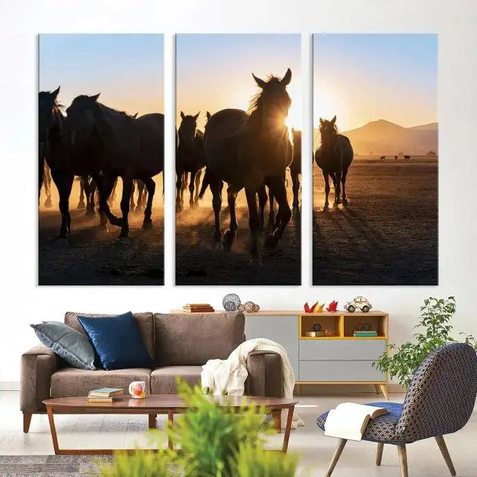 The Horse Herd Wall Art Animal Canvas Print features a triptych of galloping horses at sunset, hand-assembled on museum-quality canvas. This captivating masterpiece beautifully adorns the living room wall. Enjoy free shipping to easily welcome it into your home.