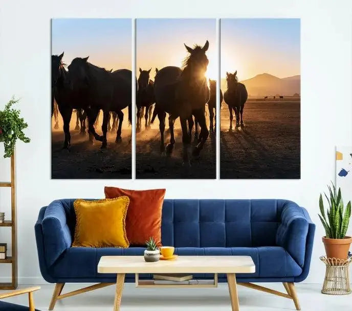 The Horse Herd Wall Art Animal Canvas Print features a triptych of galloping horses at sunset, hand-assembled on museum-quality canvas. This captivating masterpiece beautifully adorns the living room wall. Enjoy free shipping to easily welcome it into your home.