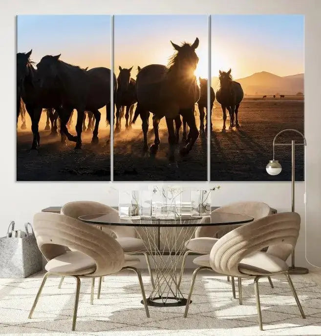 The Horse Herd Wall Art Animal Canvas Print features a triptych of galloping horses at sunset, hand-assembled on museum-quality canvas. This captivating masterpiece beautifully adorns the living room wall. Enjoy free shipping to easily welcome it into your home.