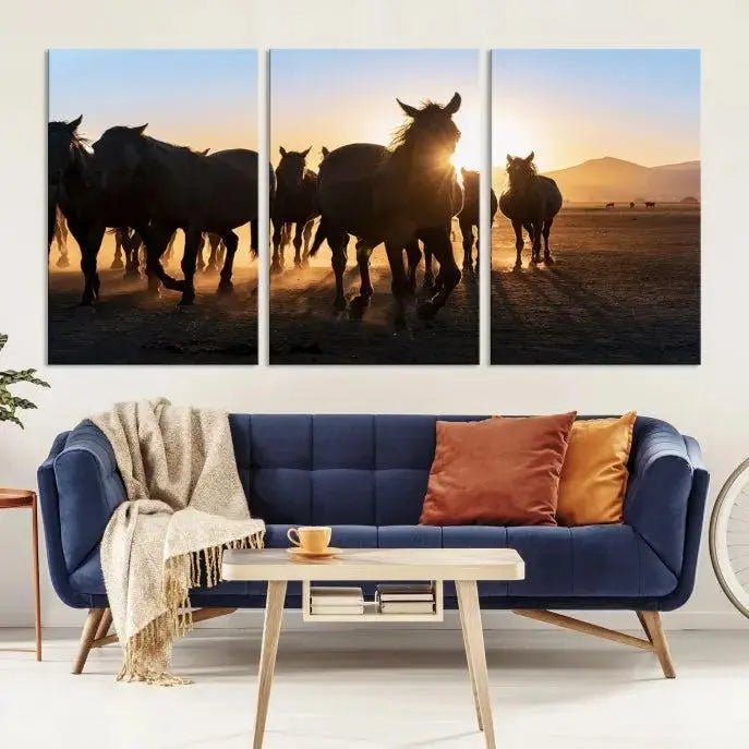 The Horse Herd Wall Art Animal Canvas Print features a triptych of galloping horses at sunset, hand-assembled on museum-quality canvas. This captivating masterpiece beautifully adorns the living room wall. Enjoy free shipping to easily welcome it into your home.