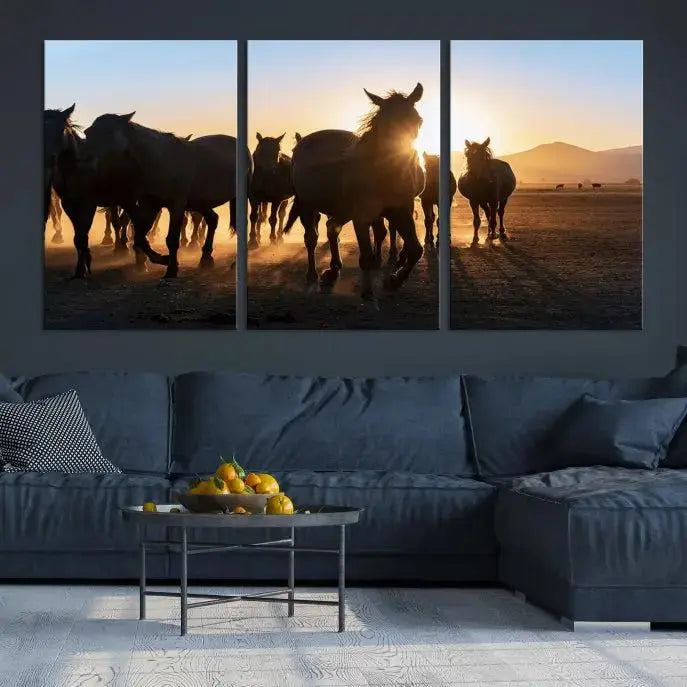 The Horse Herd Wall Art Animal Canvas Print features a triptych of galloping horses at sunset, hand-assembled on museum-quality canvas. This captivating masterpiece beautifully adorns the living room wall. Enjoy free shipping to easily welcome it into your home.