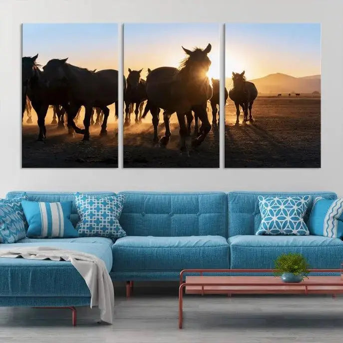 The Horse Herd Wall Art Animal Canvas Print features a triptych of galloping horses at sunset, hand-assembled on museum-quality canvas. This captivating masterpiece beautifully adorns the living room wall. Enjoy free shipping to easily welcome it into your home.