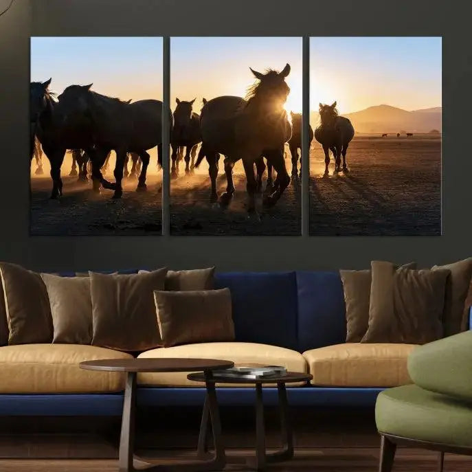 The Horse Herd Wall Art Animal Canvas Print features a triptych of galloping horses at sunset, hand-assembled on museum-quality canvas. This captivating masterpiece beautifully adorns the living room wall. Enjoy free shipping to easily welcome it into your home.