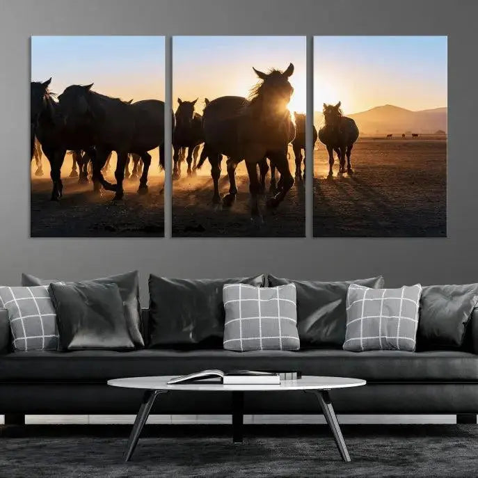 The Horse Herd Wall Art Animal Canvas Print features a triptych of galloping horses at sunset, hand-assembled on museum-quality canvas. This captivating masterpiece beautifully adorns the living room wall. Enjoy free shipping to easily welcome it into your home.